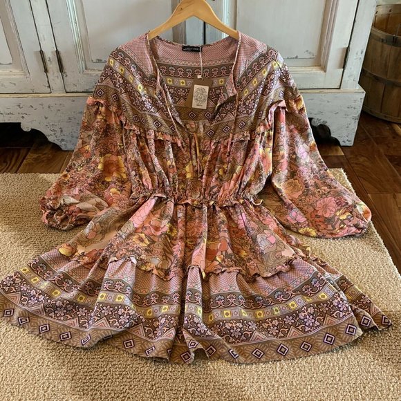 New Boho Fall  Floral Long Sleeve Dress - Picture 4 of 5